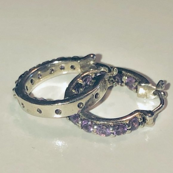 DELMAR Jewellers Amethyst Sterling Silver Hoop Earrings Half Inch .5” - Picture 2 of 4